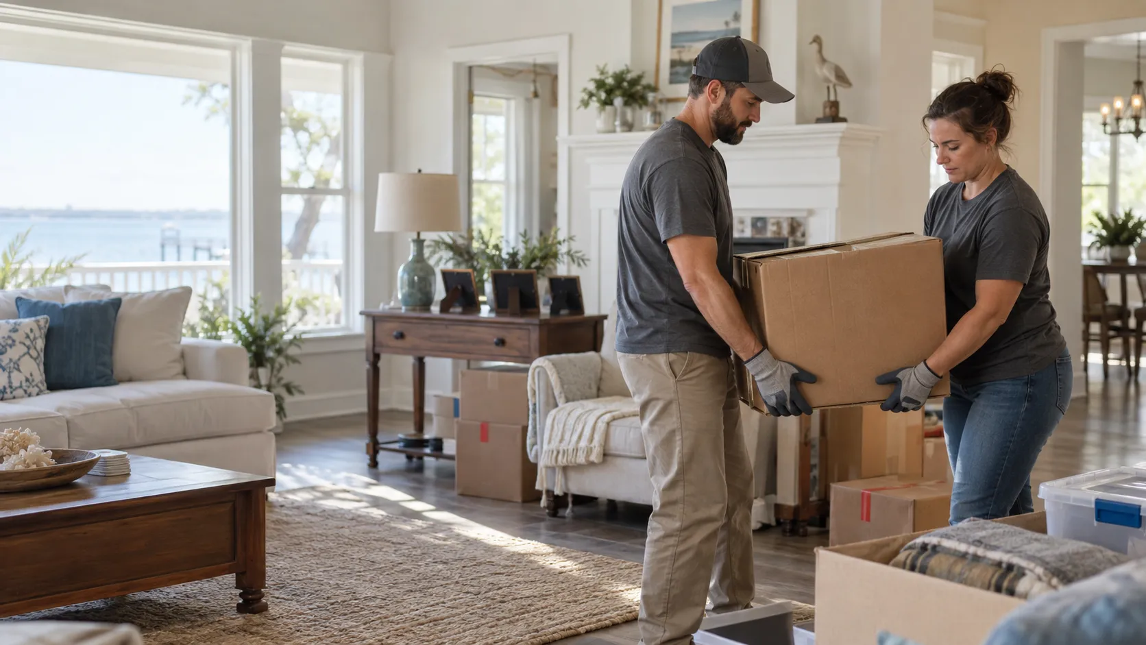 Illustrative estate cleanout scene with two workers carefully carrying a box in a bright home